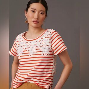 Maeve Anthropologie Floral Lace Trimmed Red and White Striped Tee